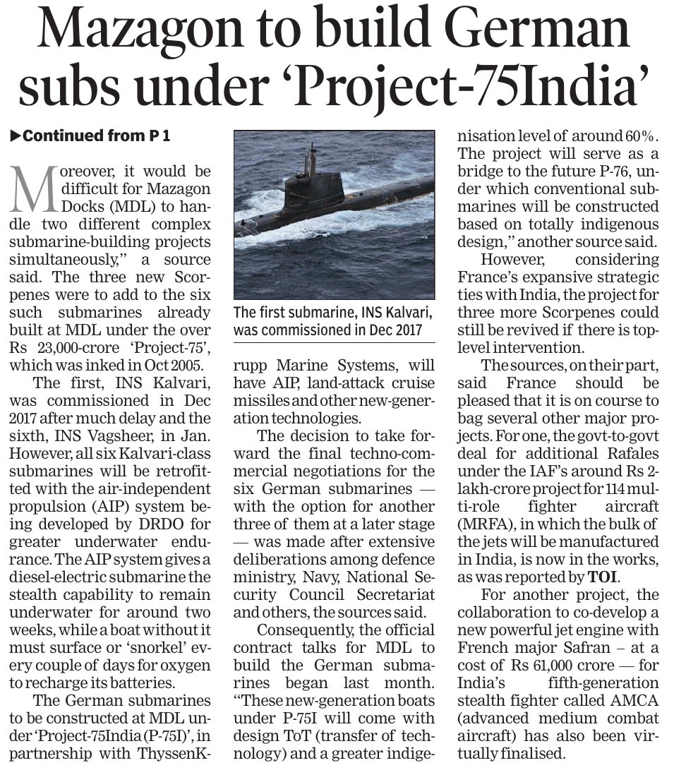IamRajat_Pandit's tweet photo. The German submarines to be constructed at #MDL under #Project75India, in partnership with #TKMS, will have AIP, land-attack cruise missiles & other new-gen techs.
Will have design TOT, greater indigenisation & serve as bridge to #Project76
Truncated Print Version👇🏼 https://t.co/8M1uSPbD5B