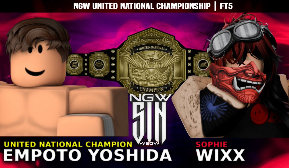 NGWRoblox's tweet image. ᴺᴳᵂ SIN | The "Golden Ace" @thegoatemp will be defending his @NGWRoblox United National Championship against the "Warm Healer" @SophieWixx