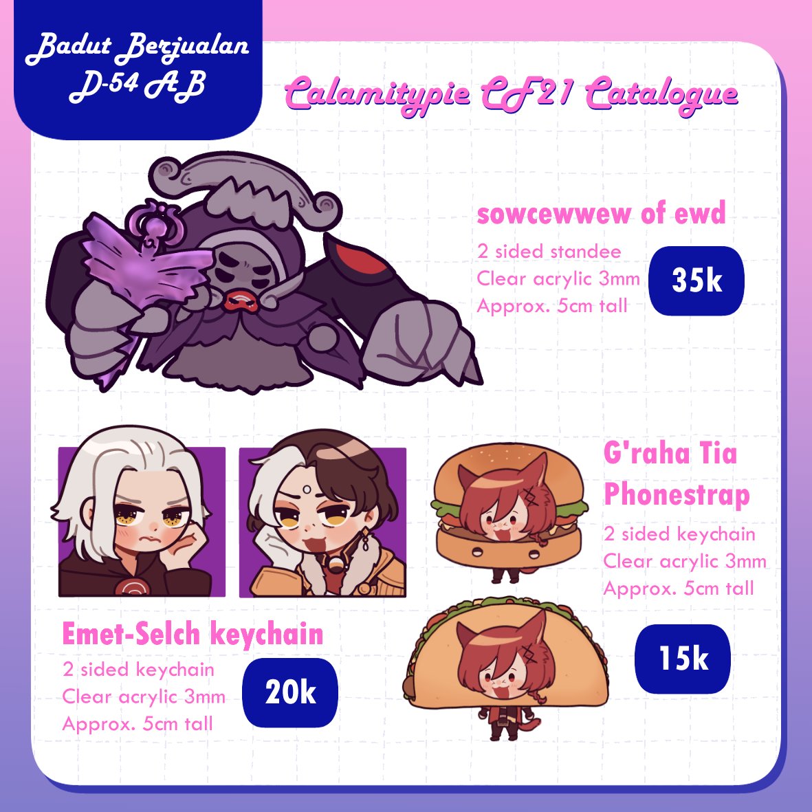 [shares🩷] hihi my #CF21 acrylic pickup preorder is open! (*´∇｀)ﾉ

📍D-54 AB Badut Berjalan(tm) - both days 
📅 PO period: 14 - 19 October
❤️Fandom: FFXIV 
🔗forms.gle/wPo4n6bzCR9r6c…