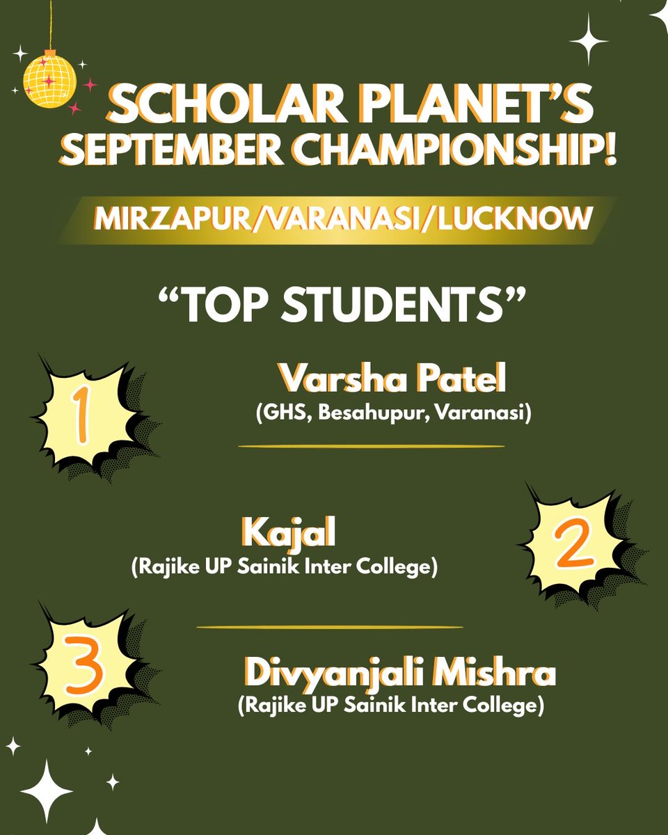 GcapW's tweet image. Winners for Mirzapur, Varanasi & Lucknow are here! 🏆
Top Schools, Students & Teachers who aced the #ScholarPlanet September Championship 💫
Keep learning, keep winning! 🚀
#SmartLearning #UPChampionship #EdTechIndia #DigitalLearning #EducationMatters