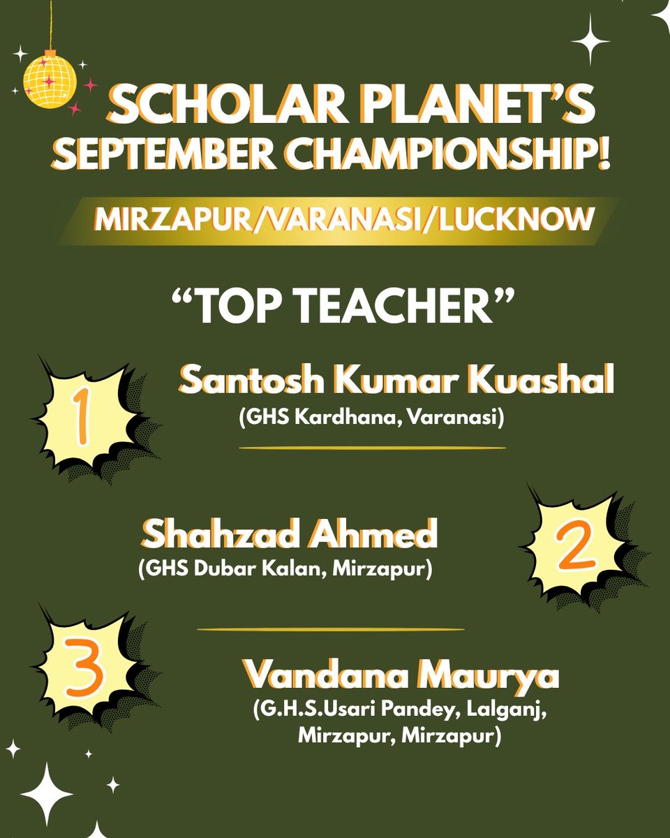 GcapW's tweet image. Winners for Mirzapur, Varanasi & Lucknow are here! 🏆
Top Schools, Students & Teachers who aced the #ScholarPlanet September Championship 💫
Keep learning, keep winning! 🚀
#SmartLearning #UPChampionship #EdTechIndia #DigitalLearning #EducationMatters