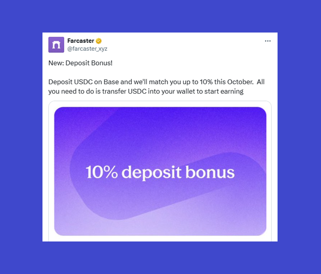 solotop999's tweet image. Kèo êm bên Farcaster nha ae! 

✅ Làm để kiếm Airdrop Farcaster và Base luôn
✅ Farcaster khá xịn, gọi vốn: $180M. Đã được tích hợp vào BaseApp
✅ Gửi USDC (chain base) vào Farcaster nhận 10% Bonus nha, cụ thể:

⇢ Max thưởng: $500
⇢ Nhận thưởng: 1% mỗi tuần
⇢…