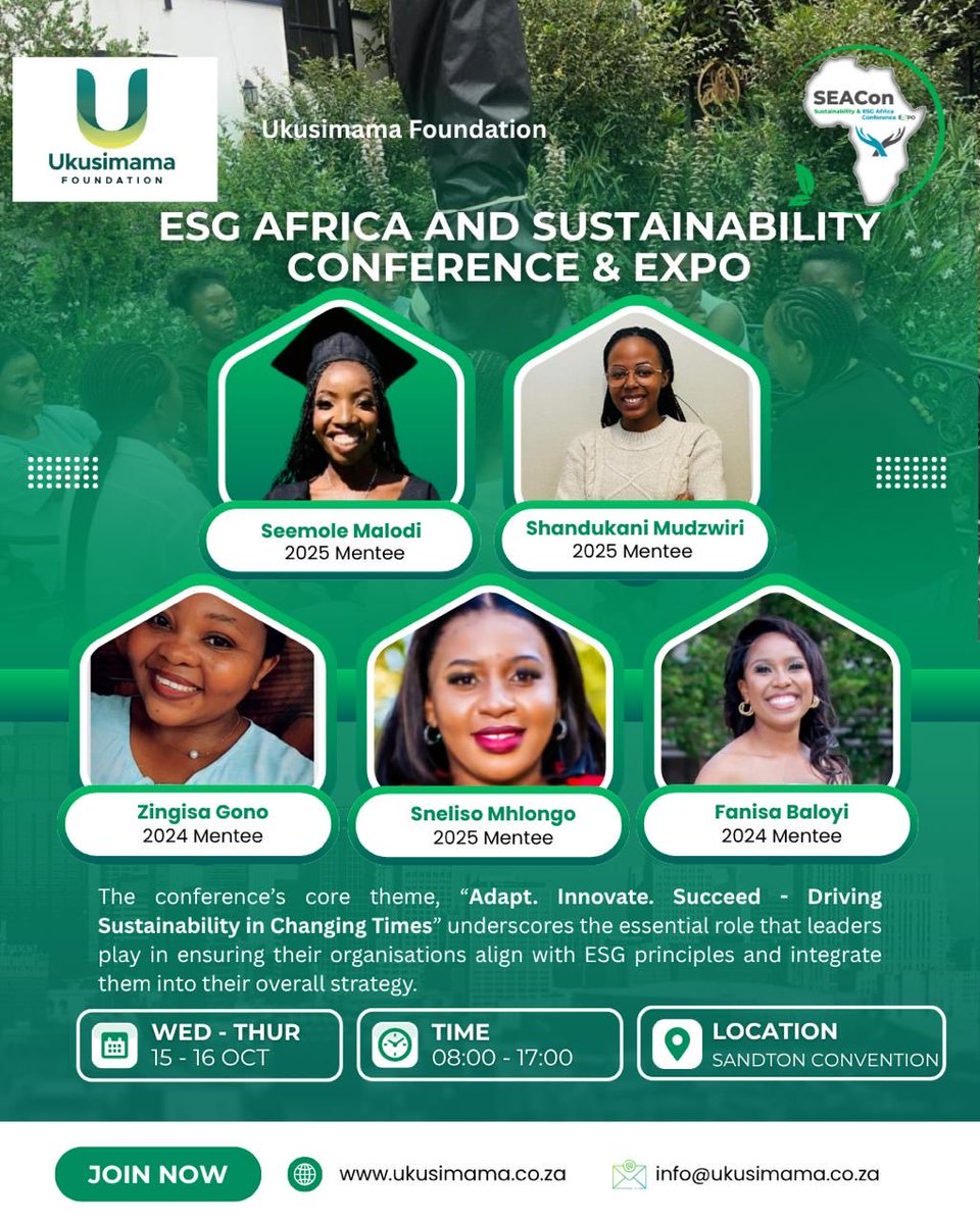 FanisaBaloyi3's tweet photo. Honoured to be part of the Ukusimama Foundation delegation attending the ESG Africa and Sustainability Conference &amp; Expo 2025! Excited to engage on how we can adapt, innovate, and drive sustainability in changing times. 💚 #ESGAfrica #Sustainability #UkusimamaFoundation #esg https://t.co/wktqTHETKq