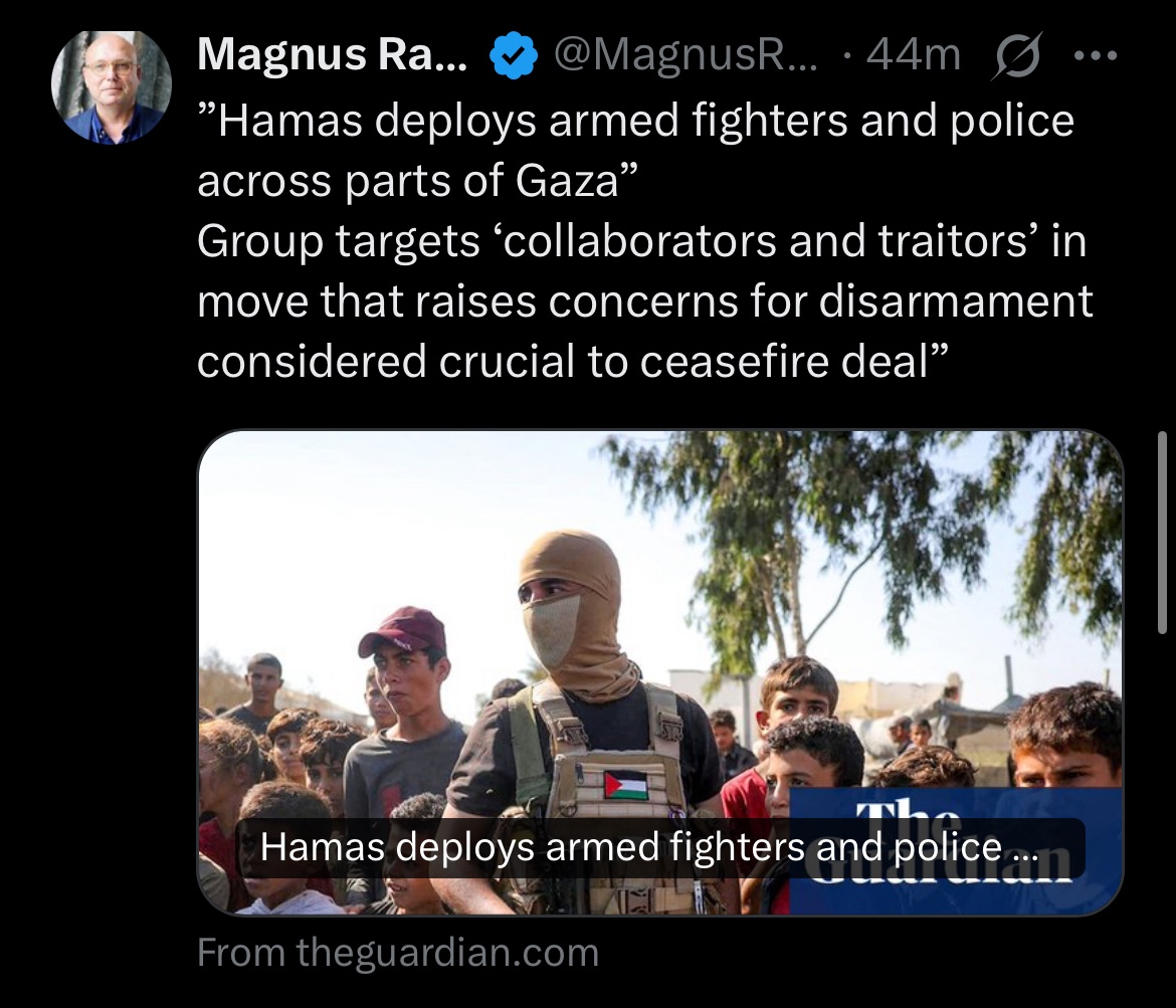 frontmannen's tweet image. Den självutnämnda ”terrorexperten” @MagnusRanstorp tycks numera ha invändningar mot att Hamas rensar bland IS affilierade gäng i Gaza. Föga förvånande ligger hans fokus på Hamas och inte på den part som bistod med vapen, Israel.