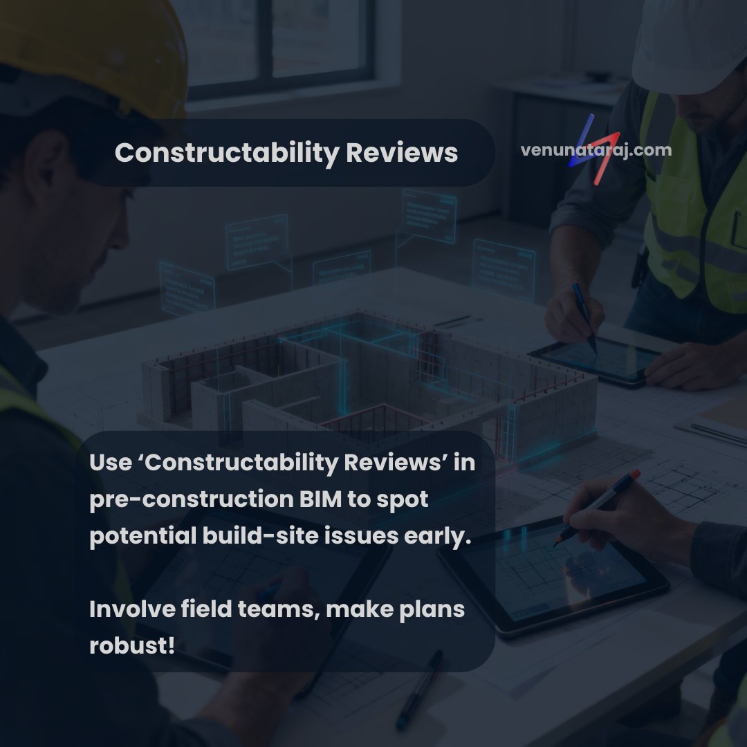 venunataraj's tweet image. ⚡️ BIM Tip:
Use ‘Constructability Reviews’ in pre-construction BIM to spot potential build-site issues early.
Involve field teams, make plans robust!
#BIMTips #Constructability #VenuNataraj #BIMReview