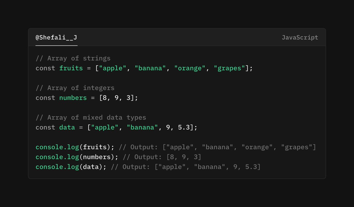 Shefali__J's tweet image. 🔷Creating Arrays

You can create arrays in two ways:

🔹Using array literal:

You can create arrays using array literal [], i.e., by defining the array elements within square brackets [ ].

For example: