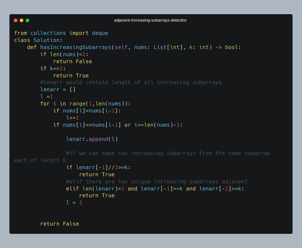 piyushmalik34's tweet image. 📊 Adjacent Increasing Subarrays Detection I: Checks for consecutive ascending sequences using a single pass, tracking lengths to identify overlapping subarrays of size k.
⏱️ O(n) time, O(n) space—efficient and straightforward! #LeetCode #100DaysOfCode