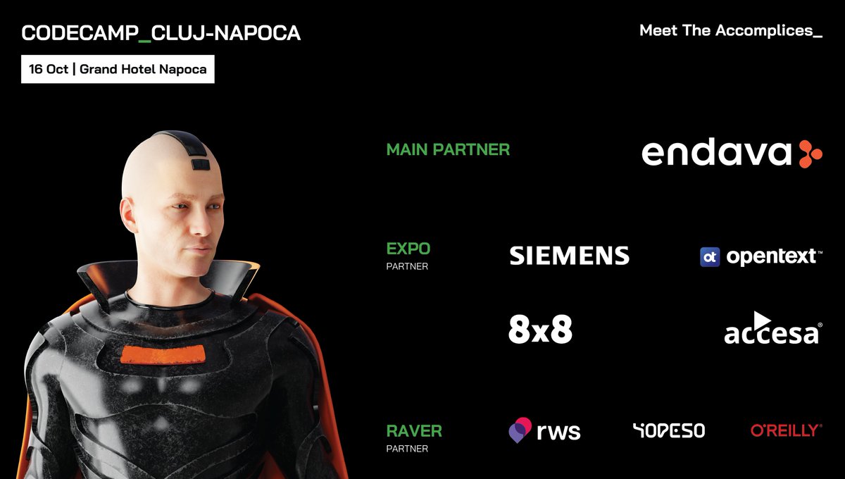 Codecampro's tweet image. Meet The Accomplices!
We are thrilled to announce the incredible partners making Codecamp_Cluj-Napoca on 16 October possible! 
A massive thank you to these industry leaders for their support: Endava, Siemens, OpenText, 8x8, Accesa, RWS Group, Yopeso, O&apos;Reilly.