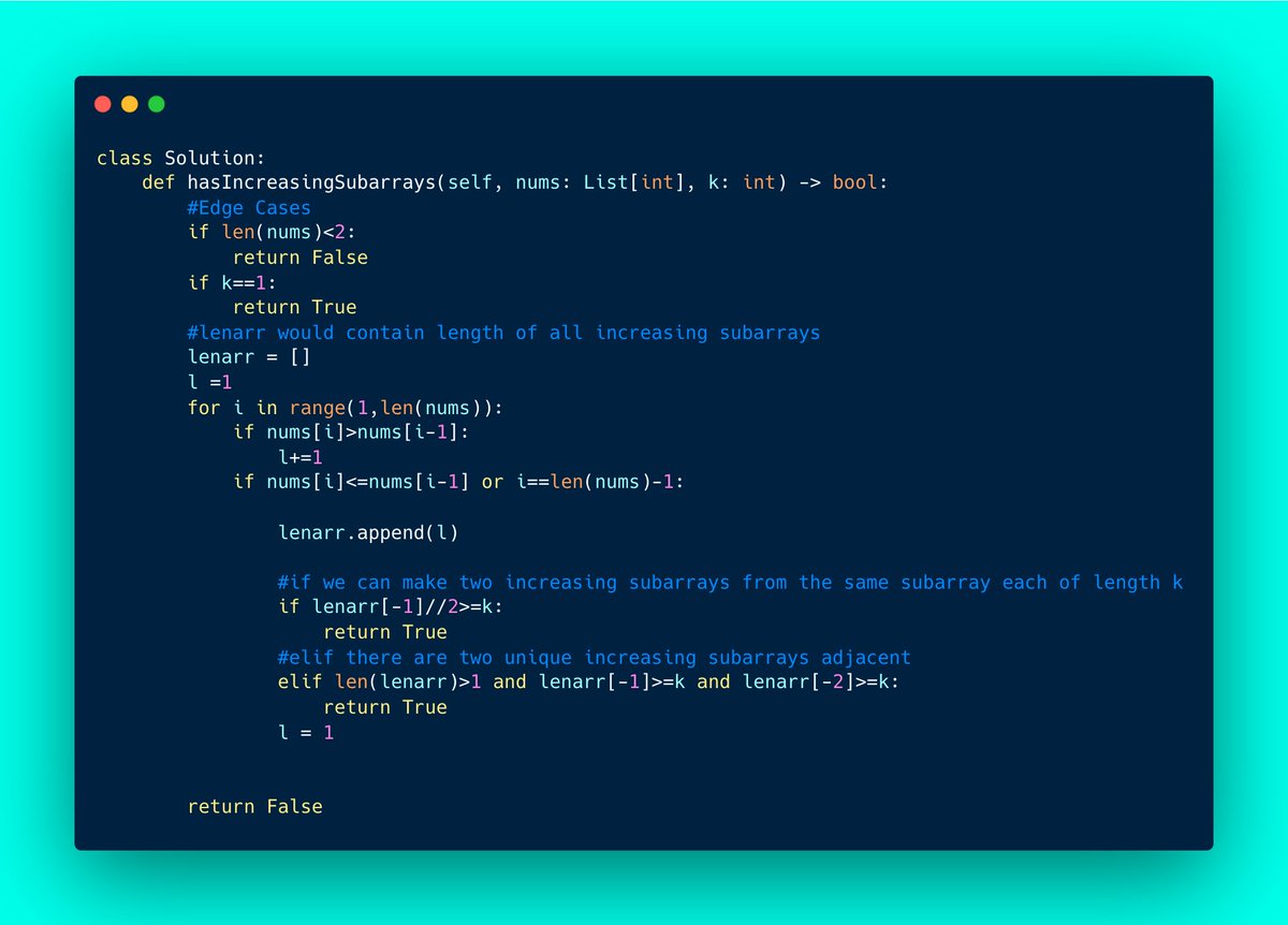 piyushmalik34's tweet image. LeetCode Today's Daily Challenge
🔎 Detect adjacent increasing subarrays in O(n)!
📈 Builds lengths of all increasing runs, instantly returns when one can split into two subarrays of size k or when two adjacent runs meet the k threshold.
#LeetCode #100DaysOfCode