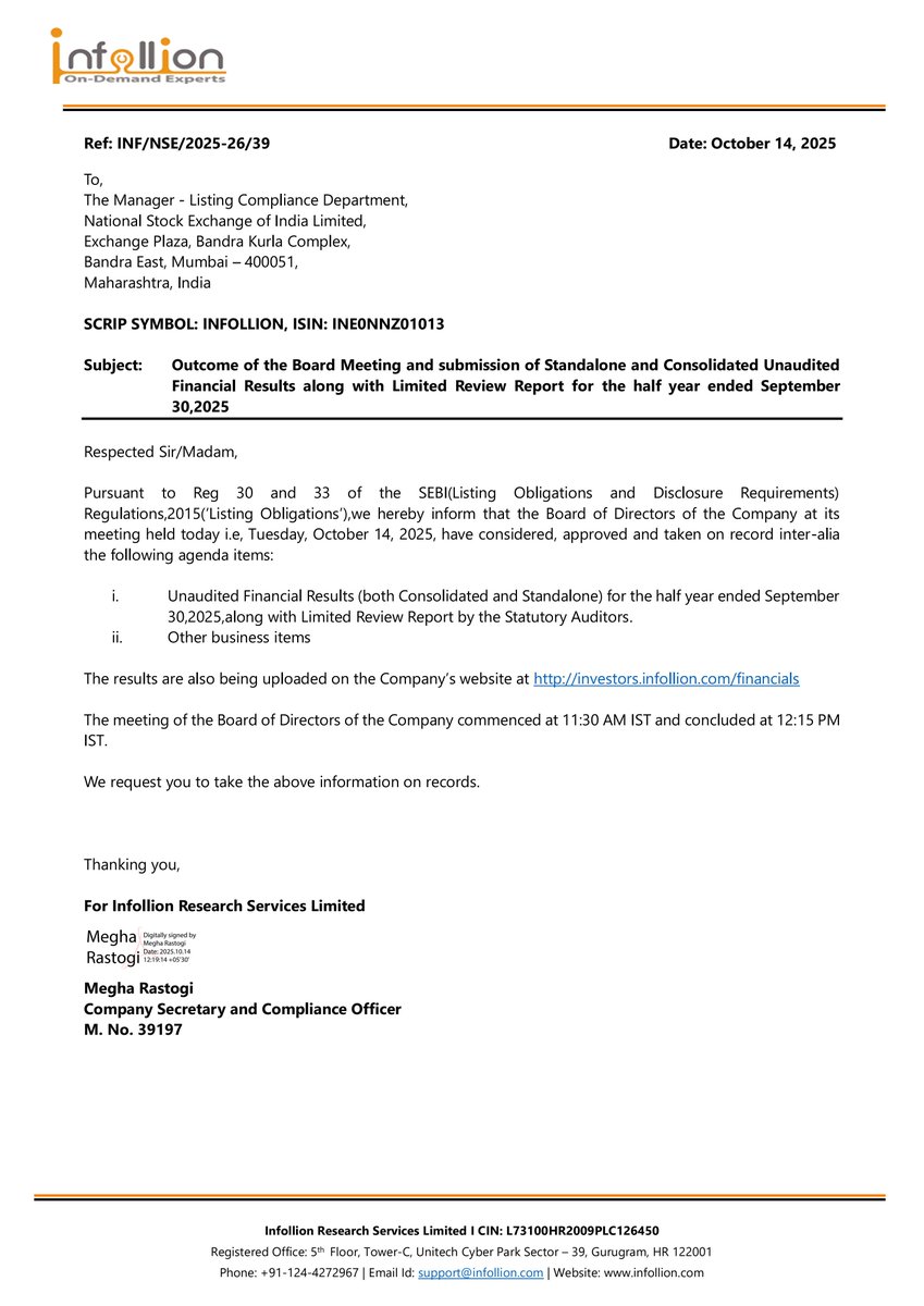 nileshkurhade's tweet image. 📌 Infollion Research Services Limited informed the exchange about its approval for the financial results for the period ended September 30, 2025. #SME #INFOLLION 📄🧾