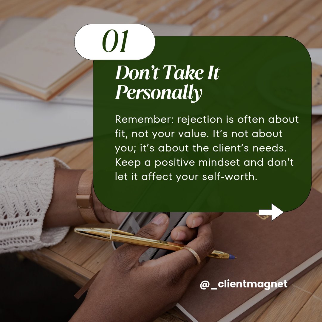_clientmagnet's tweet photo. Rejection is part of freelancing — and how you handle it can determine your future success.
Slide through the carousel to learn how to bounce back from client rejection, keep your confidence high, and continue moving forward.
#FreelancerClientMagnet
#ClientRejection https://t.co/ibDJwAFegf