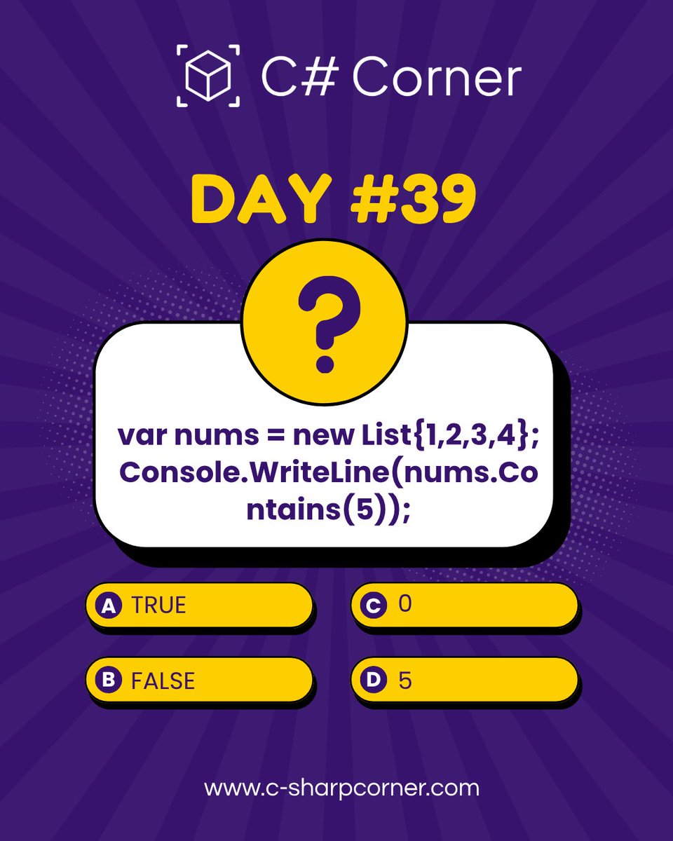 CsharpCorner's tweet image. 🚀 .𝐍𝐄𝐓 𝐂𝐡𝐚𝐥𝐥𝐞𝐧𝐠𝐞 – 𝐃𝐚𝐲 #39 🚀
𝐖𝐡𝐚𝐭 𝐰𝐢𝐥𝐥 𝐛𝐞 𝐭𝐡𝐞 𝐨𝐮𝐭𝐩𝐮𝐭? Drop your answers below! ⬇️
#CSharpCorner #DotNet #csharp #codingchallenge #day39 #LearnAndCode