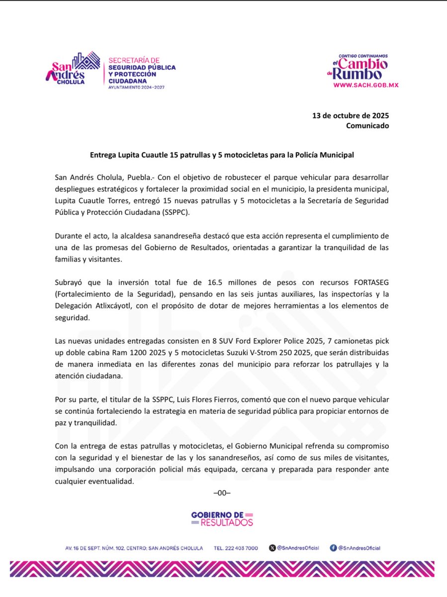 SSPPCSnAndresCH's tweet image. #Entérate 📰 | Con el objetivo de robustecer la seguridad y fortalecer la proximidad social, la presidenta @LupitaCuautleT entregó 15 nuevas patrullas y 5 motocicletas a la #SSPPC. 

🚔 Esta acción representa el cumplimiento de una de las promesas del #GobiernoDeResultados.