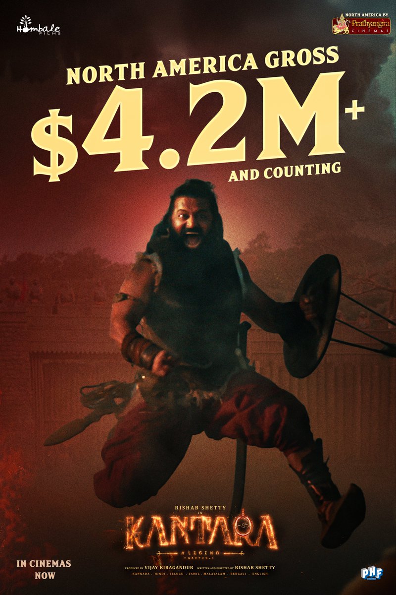 When devotion meets destiny, magic happens! 
#Kantara continues its unstoppable run $4.2M+ in North America and still soaring!

#BlockbusterKantara    
MUST WATCH IN THEATRES 
Kantarachapter1.com 🎫 

#Kantara    NA by <a href="/PrathyangiraUS/">Prathyangira Cinemas</a> 

<a href="/hombalefilms/">Hombale Films</a> <a href="/KantaraFilm/">Kantara - A Legend</a>