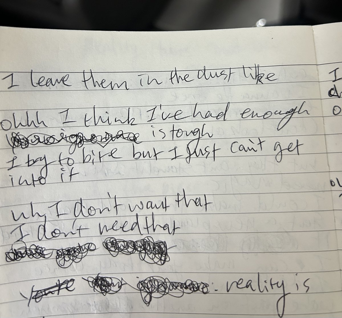 LILY SHARED THE WRITING DRAFTS FROM HER NOTEBOOK FOR “REALITY HURTS” OH THOSE PEN SCRATCH