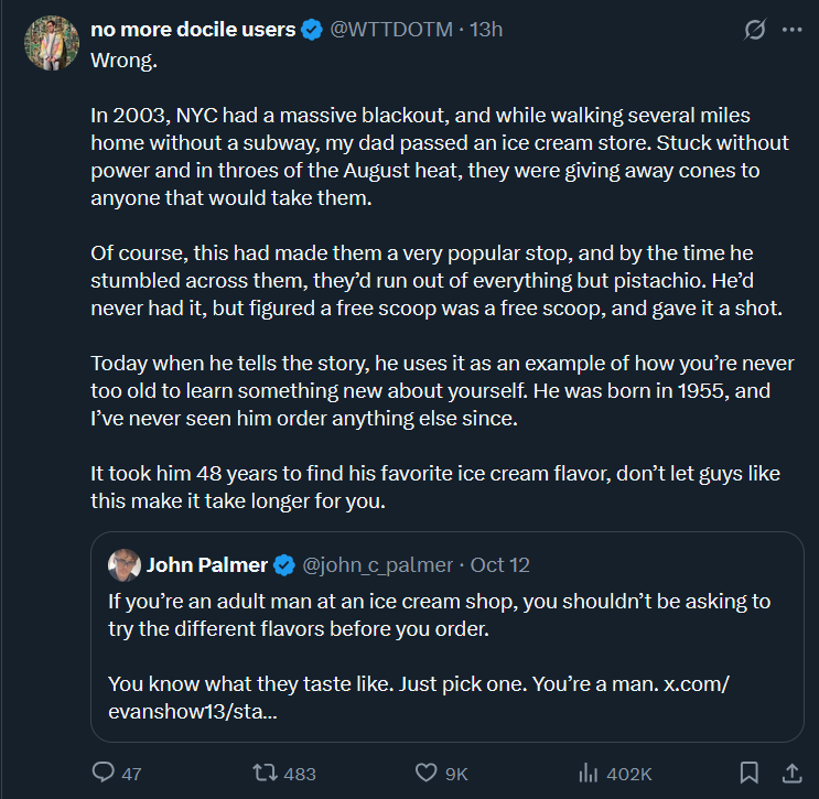 This is a perfect twitter interaction. This is what this website is for. Every demon undone by simple humanity.