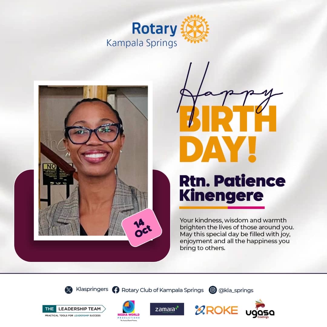 Rotary Club of Kampala Springs (@klaspringers) on Twitter photo Happiest of Birthdays Rtn. <a href="/PBKinengyere/">Patience Kinengyere</a> ๐๐๐
May the new year bring you abundance and prosperity ๐ Happiest of Birthdays Rtn. <a href="/PBKinengyere/">Patience Kinengyere</a> ๐๐๐
May the new year bring you abundance and prosperity ๐