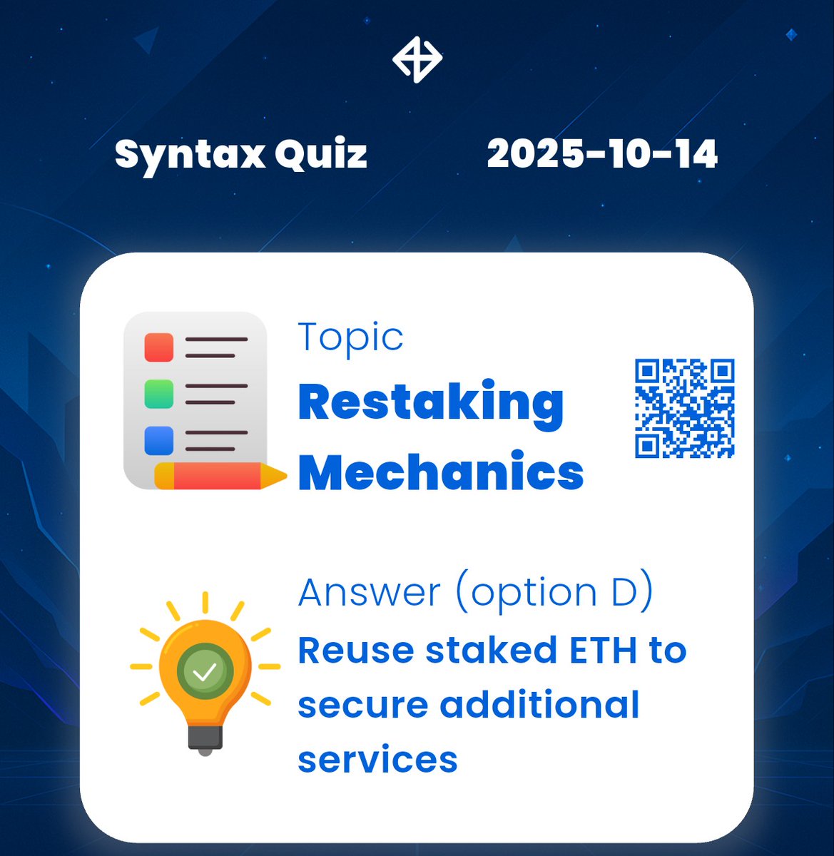 CryptoBetula's tweet image. 💠 Syntax Verse Web3 Puzzle! 💠
🗓️ Tuesday, 14.10.2025.
🪙 Restake across chains to multiply rewards!
📢 Opt D to restake! 🔋
🔗 tinyurl.com/SynVerCB
👉🏻 Ref code: 7N6G5X3BMG7
#SyntaxVerse #Syntax #DailyQuiz #LearAndEarn #Restaking #Web3 #Blockchain #CodeBreaker #DailyLore