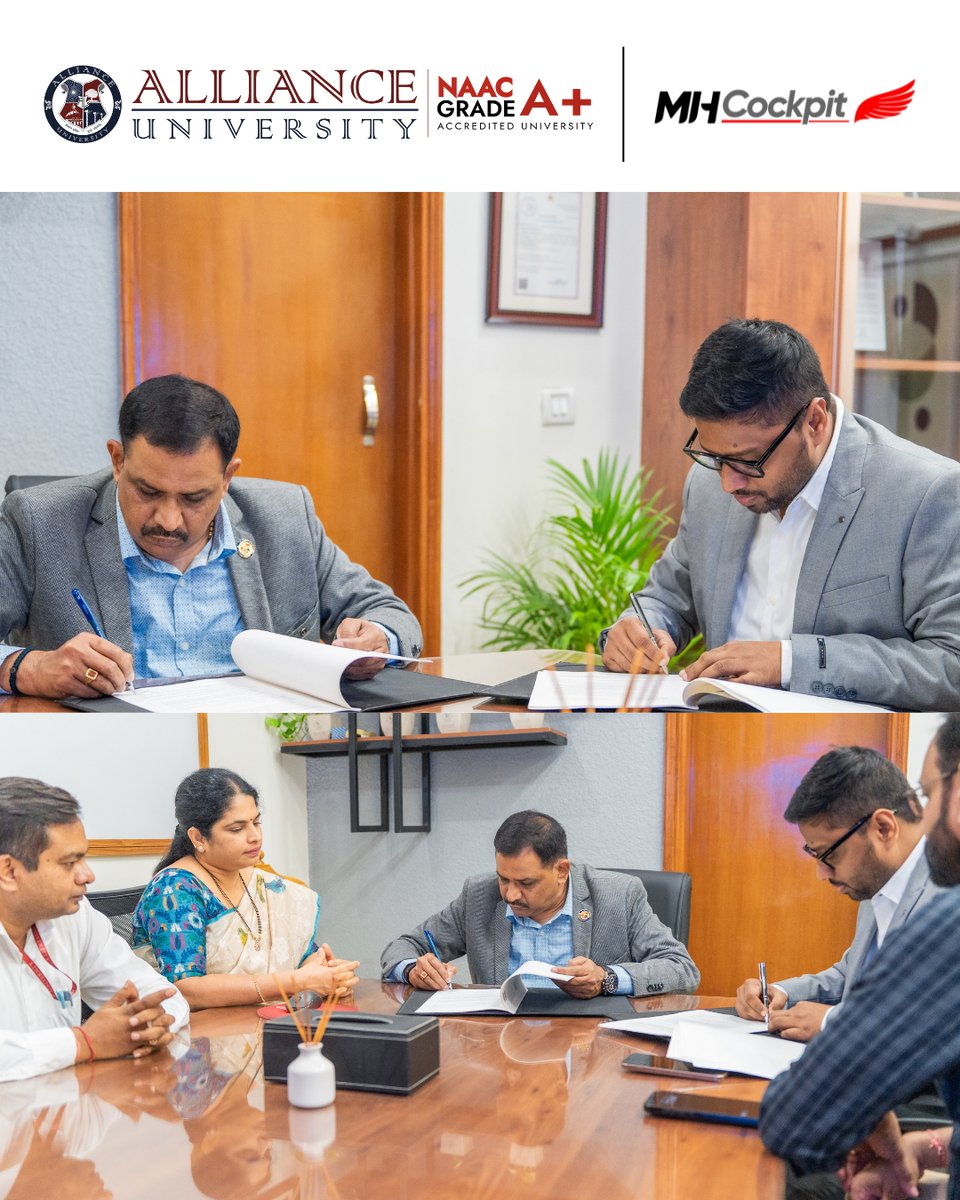 Taking learning to new heights.

Alliance University has signed an MoU with MH Cockpit to strengthen aviation education through industry-integrated programs — B.Sc. Aviation / Aeronautical Science and BBA Aviation Management.

#allianceuniversity #mou