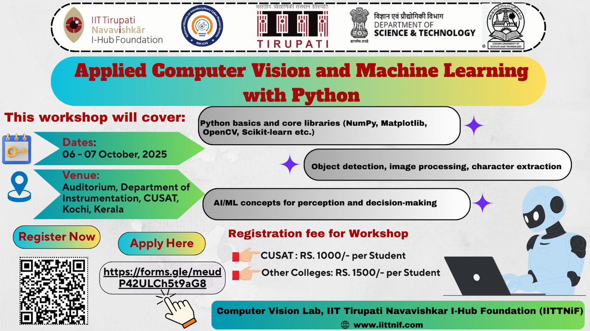 iittniftih's tweet image. 🎉 2nd PNT Lab success from Kerala!
120+ students joined CV & ML workshop at CUSAT.
🚀 “SMART DIGIT RECOGNIZE” challenge launched.
🏅 Winners get internship, ₹5K stipend & fellowship chance.
#IITTNiF #PNTLabs #ComputerVision #AI4Students @iittniftih @IndiaDST @NmIcps