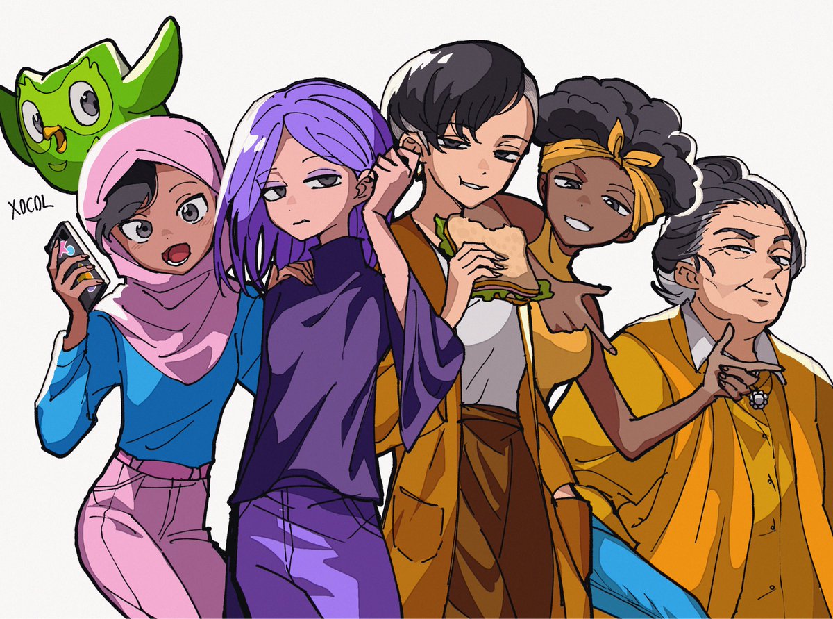 デュオリンゴの女性陣キャラを自分の絵柄で描いてみました。最近言語の勉強してます