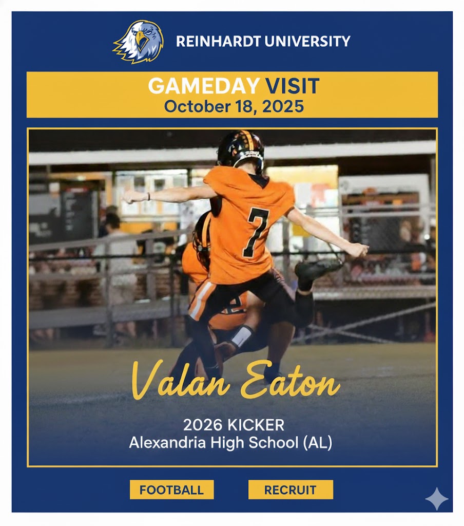 Thank you, <a href="/robarmstrong41/">Rob Armstrong</a> at <a href="/ReinhardtFB/">Reinhardt Football</a> for the GameDay Visit invite! I'm really excited to come down this Saturday and see the atmosphere in person. I appreciate you taking the time to have me!

#PayThePrice #GoEagles #ValleyCubs