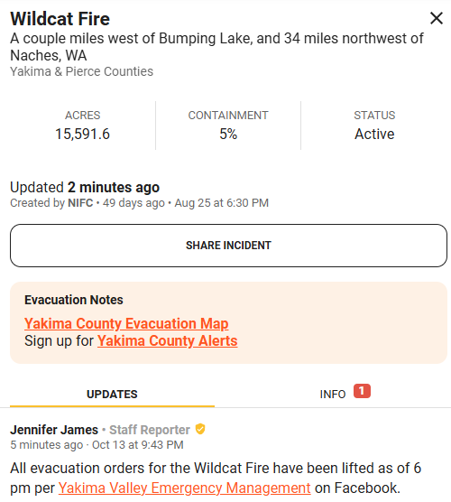 Wa_fire_watch's tweet image. In just now from Watch Duty from the #WildcatFire burning near Crystal Mountain, near 410. Great news, all evacuation orders have been lifted which was the Level 2 evacuation remaining. #wawx