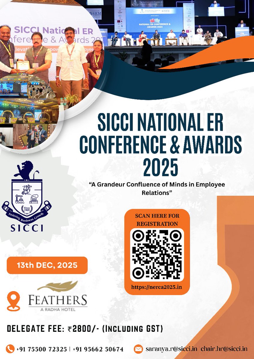 ✨ The Wait is Over! ✨

Join us for the SICCI National ER Conference &amp; Awards 2025 on 13 Dec, Feathers Hotel, Chennai — a confluence of minds in #EmployeeRelations!
🎯 Network | Learn | Collaborate
🏆 Celebrate excellence

🔗 Register: nerca2025.in
#nerca2025 #awards