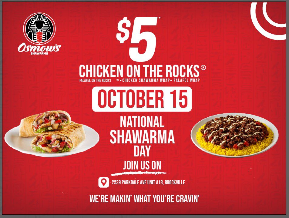 OsmowsShawarma's tweet photo. 🌯🎉 We’re excited to announce that Osmow's is celebrating National Shawarma Day on October 15th! Join us for a delicious celebration of National shawarma day. Mark your calendars and get ready for a day filled with flavor, fun, and fantastic deal of Chicken or Falafel. https://t.co/9yubAqkbIF
