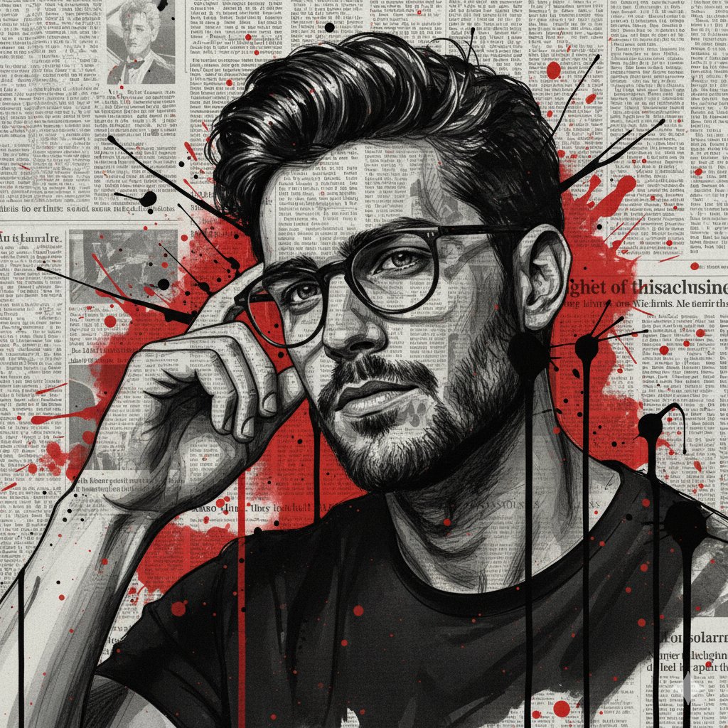 ChillaiKalan__'s tweet image. Lost in stories and splashes.
Prompt:
{
"A highly detailed, surreal digital illustration of a man front-facing, drawn with expressive black line art emphasizing the intricate texture of hair, neck, and shirt. The background features faded, sepia-toned vintage newspaper pages…