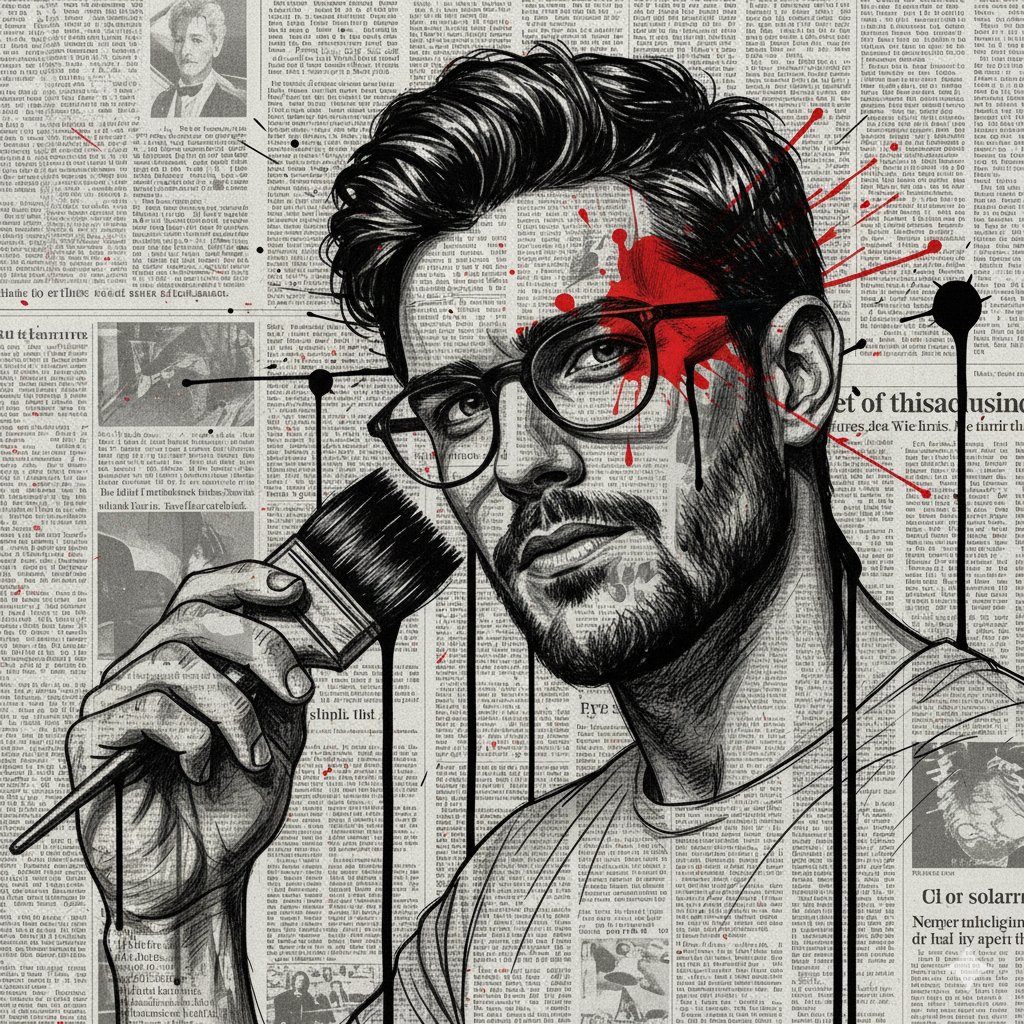 ChillaiKalan__'s tweet image. Lost in stories and splashes.
Prompt:
{
"A highly detailed, surreal digital illustration of a man front-facing, drawn with expressive black line art emphasizing the intricate texture of hair, neck, and shirt. The background features faded, sepia-toned vintage newspaper pages…