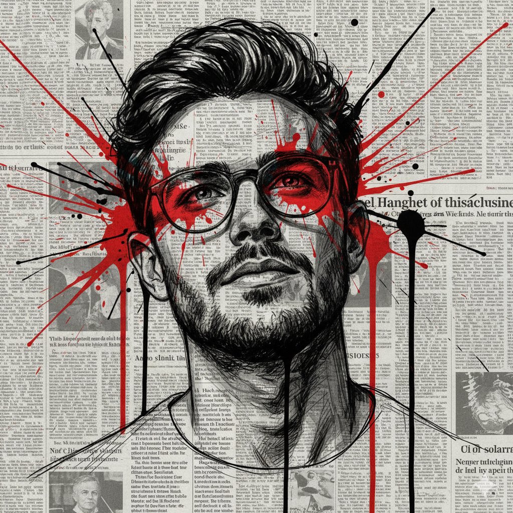 ChillaiKalan__'s tweet image. Lost in stories and splashes.
Prompt:
{
"A highly detailed, surreal digital illustration of a man front-facing, drawn with expressive black line art emphasizing the intricate texture of hair, neck, and shirt. The background features faded, sepia-toned vintage newspaper pages…