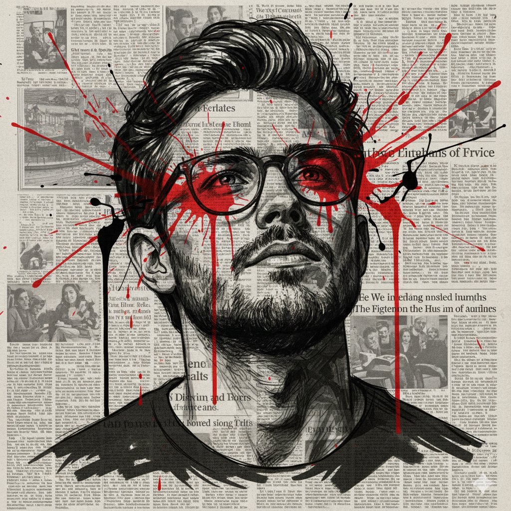ChillaiKalan__'s tweet image. Lost in stories and splashes.
Prompt:
{
"A highly detailed, surreal digital illustration of a man front-facing, drawn with expressive black line art emphasizing the intricate texture of hair, neck, and shirt. The background features faded, sepia-toned vintage newspaper pages…