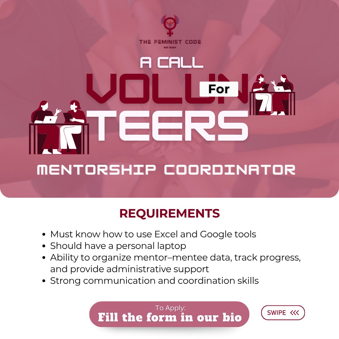 TheFeministcode's tweet image. ✨ Ready to make a difference, sis? 💜 The Feminist Code is calling YOU to join our powerhouse team of volunteers! From content editing & design to mentorship & book clubs — there’s a space for your magic ✨
🌸 Apply through the link in bio - Apps must go through link in bio.
