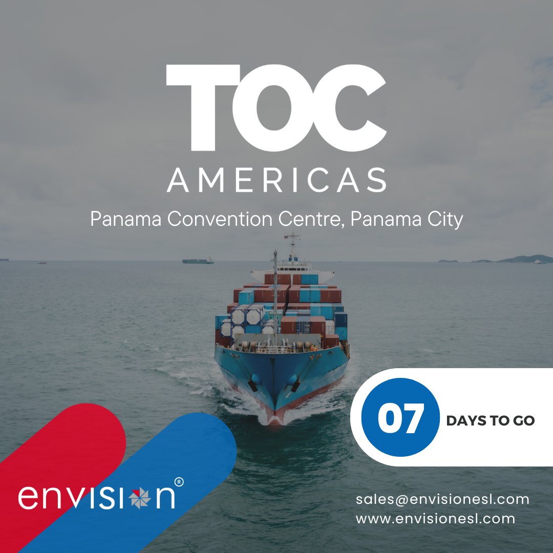Envisionesl's tweet image. Only 7 Days Left for TOC Americas 2025!🌎
We’re all set to exhibit as Global Technology Partners at one of the most anticipated maritime events of the year!

📍 Booth A22 | October 21-23, 2025 | Panama 

Let the countdown begin!🚀

#TOCAmericas #SmartPorts #Envision #TOCWorldwide