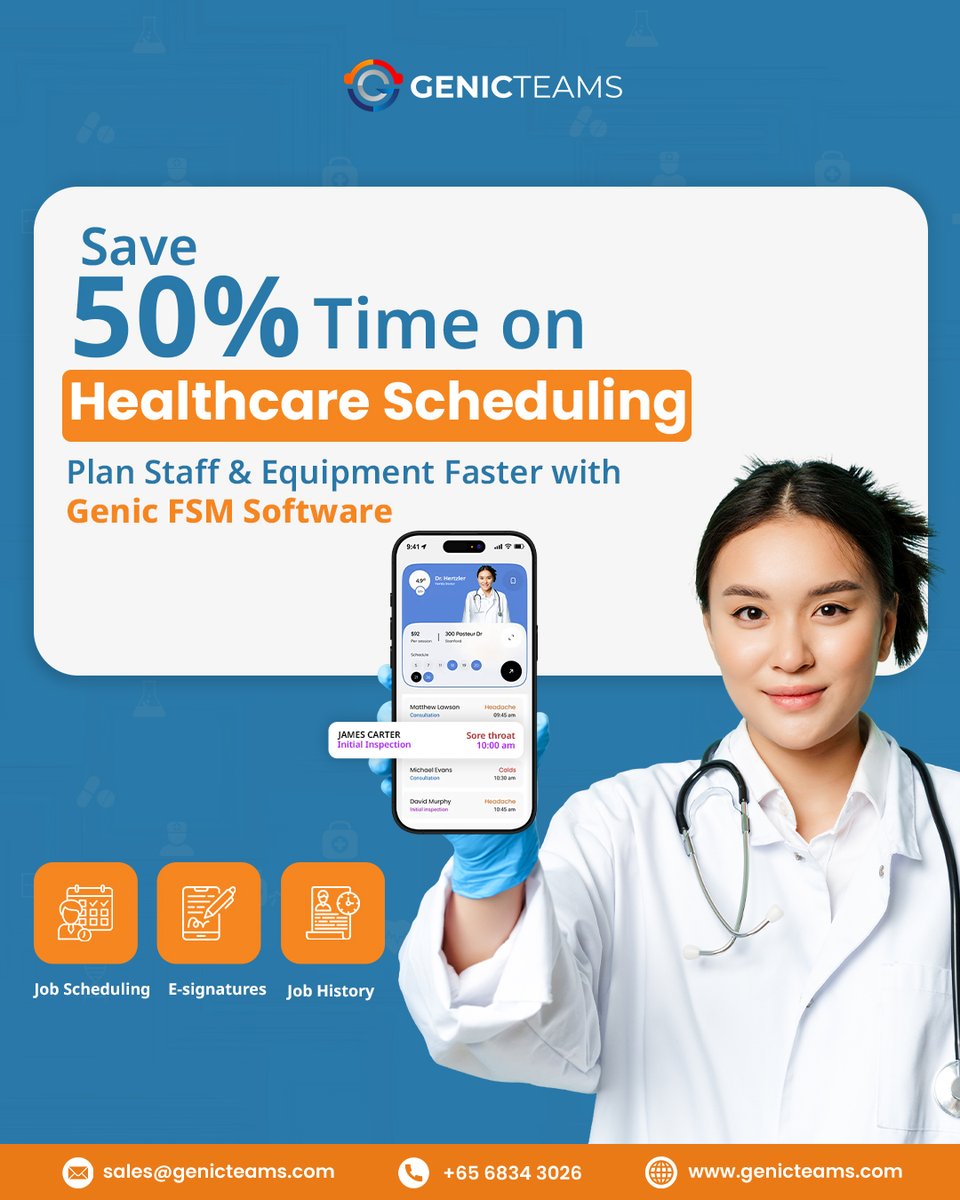 GenicTeams's tweet image. Save 50% Time on Healthcare Scheduling ⏱️

Genic Teams’ FSM software makes planning fast and hassle-free. Say goodbye to manual work and delays!

🌐 genicteams.com

#Genicfsmsoftware #FSMSoftware #HealthcareSoftware #FieldServiceManagement #HealthcareAutomation