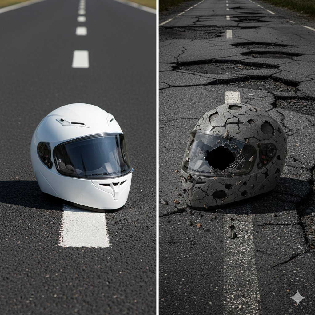 What happens when you use a good helmet on a Bangalore road vs a pothole filled roads in panathur, balagere road. 
Save your helmets.

 They might last more than the roads but potholes last more than the helmets