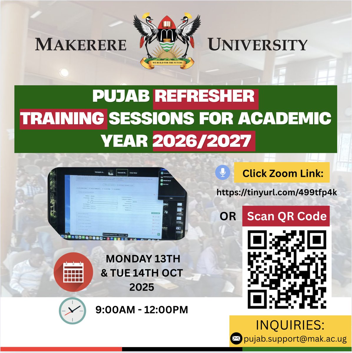 DICTSMakerere's tweet image. Day two refresher pujab training will start at 9am.
Click this link tinyurl.com/499tfp4k or scan QR code. 
#pujab #refreshertraining