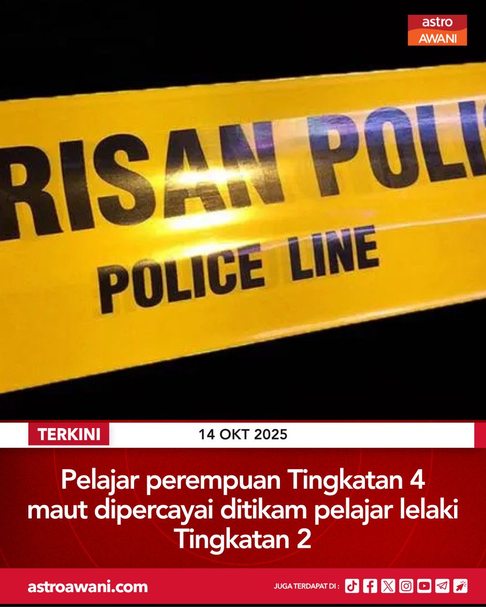501Awani's tweet photo. Seorang pelajar perempuan Tingkatan 4 maut dipercayai ditikam pelajar lelaki Tingkatan 2 di sebuah sekolah di Bandar Utama.

Perkara itu dimaklumkan Ketua Polis Negara, Datuk Seri Mohd Khalid Ismail.

Ikuti berita terkini di https://t.co/HapRkhNisD
#AWANInews https://t.co/bZk43RyXzT