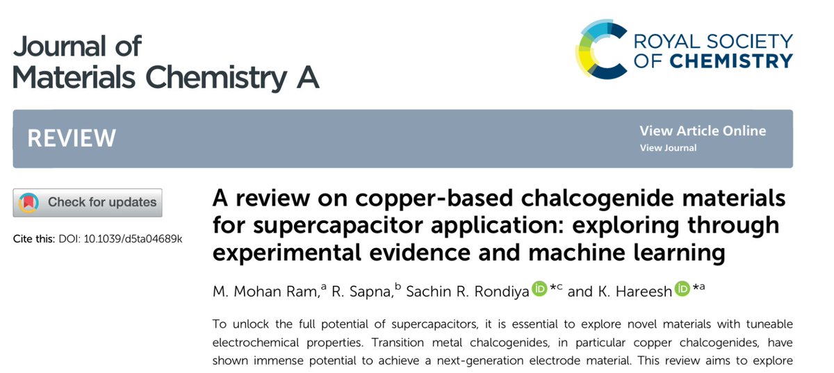 Published today! Congrats team. A great read for anyone in energy storage. Covers practical strategies for supercapacitor fabrication &amp; how morphology, doping, and composites affect performance. Kudos to Mohan and Hareesh!  pubs.rsc.org/en/content/art…