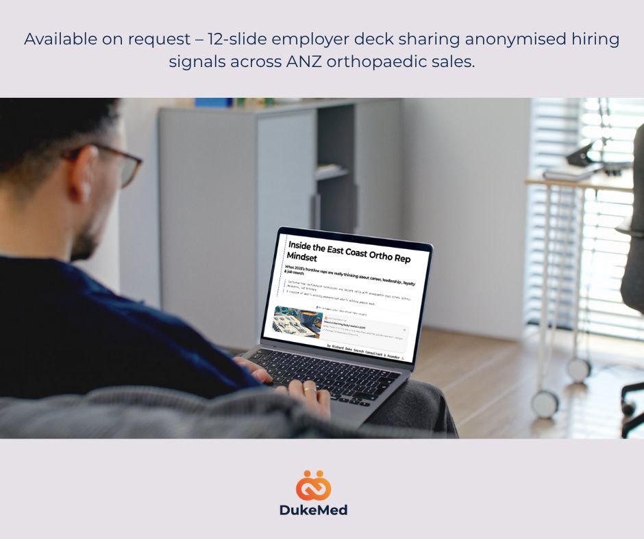 🦴 Orthopaedics reps are rethinking their next move.
Real feedback from the field. Clear trends are emerging.
We’ve summarised the insights for sales leaders — get the snapshot here:
🔗 dukemed.com.au/blog/2025/10/t… 
#orthopaedics #medtech #talenttrends #hiringinsights