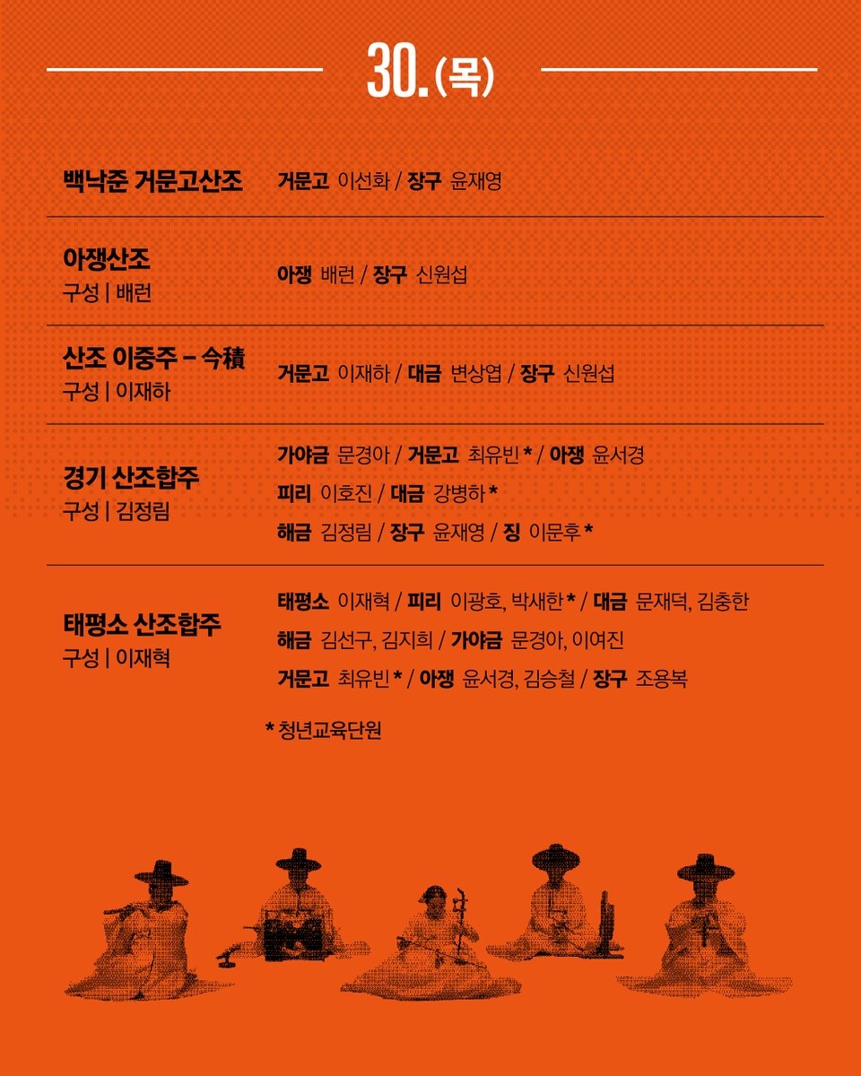 2025 민속악단 기획공연 <新산조>
📅2025. 10. 29.(수) - 10. 30.(목) ⏰오후 7시 30분
📍국립국악원 풍류사랑방
🎟전석 3만원

변화무쌍한 생명력으로 숨 쉬는 음악 산조✨
새롭게 깨어나는 미래의 전통을
가까이에서 마주해보세요!🥰

gugak.go.kr/site/program/p…