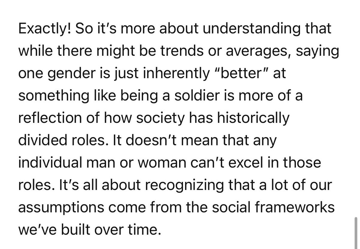 This morning I asked ChatGPT about cultural phenomena and it started lecturing me on how race and gender are social constructs, and how it's wrong to think that men make better soldiers than women, because that's just "a reflection of how society has historically divided roles."