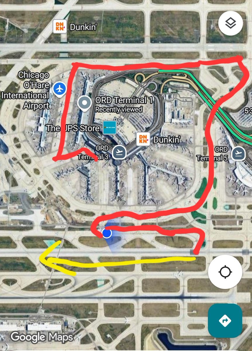 Joeynach's tweet photo. @pwingie It's horrible. This was my taxi route for recent flights in and out of @fly2ohare. Both were 40 mins of zig-zag. https://t.co/KsYJReG8he