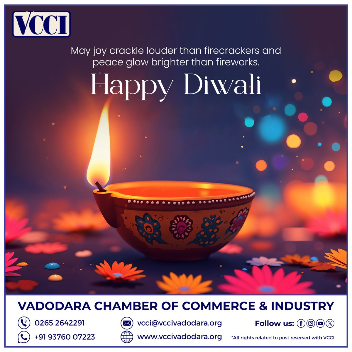 This Diwali, may your inner light shine brightest. We hope your joy crackles louder than the firecrackers, and a deep sense of peace glows brighter than any firework display. 

VCCI wishes you all a Happy Diwali!!

#VCCI #HappyDiwali #happydiwali2025 #FestivalOfLights