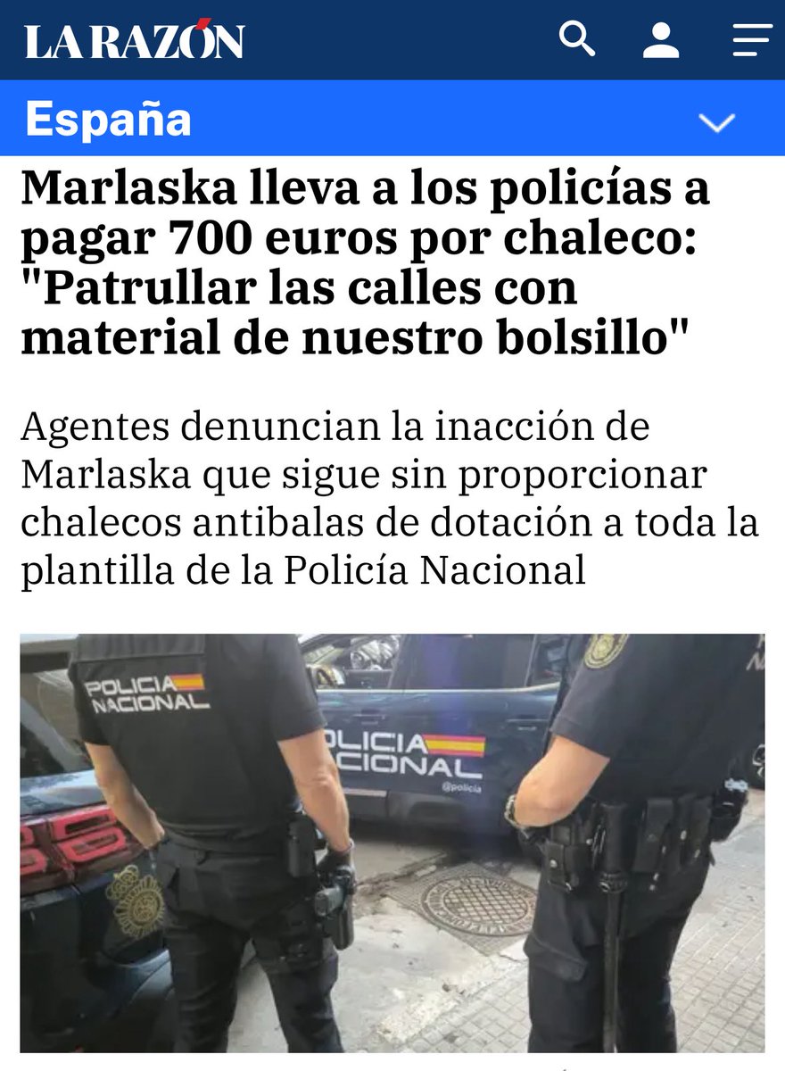 JupolNacional's tweet photo. #JupolDenuncia en @larazon_es; Marlaska lleva a los policías a pagar 700 euros por chaleco: "Patrullar las calles con material de nuestro bolsillo"

Agentes denuncian la inacción de Marlaska que sigue sin proporcionar chalecos antibalas de dotación a toda la plantilla de la Policía Nacional

Para el sindicato Jupol esta situación es "escandalosa e inaceptable" y vulnera la misma normativa que obliga a proporcionar medios de protección individual a todo el personal que desempeñe funciones en entornos de riesgo. "En pleno año 2025, resulta inconcebible que el Ministerio del Interior siga ignorando su propia normativa, condenando a los policías a jugarse la vida desprotegidos o a tener que costearse de su propio bolsillo un equipo esencial para su seguridad"

#NiUnPolicíaSinChaleco

JUPOL #EquiparacionYa y mucho más.

🌐Artículo: https://t.co/qYrQpFnegb ✍️ @Borjamendez