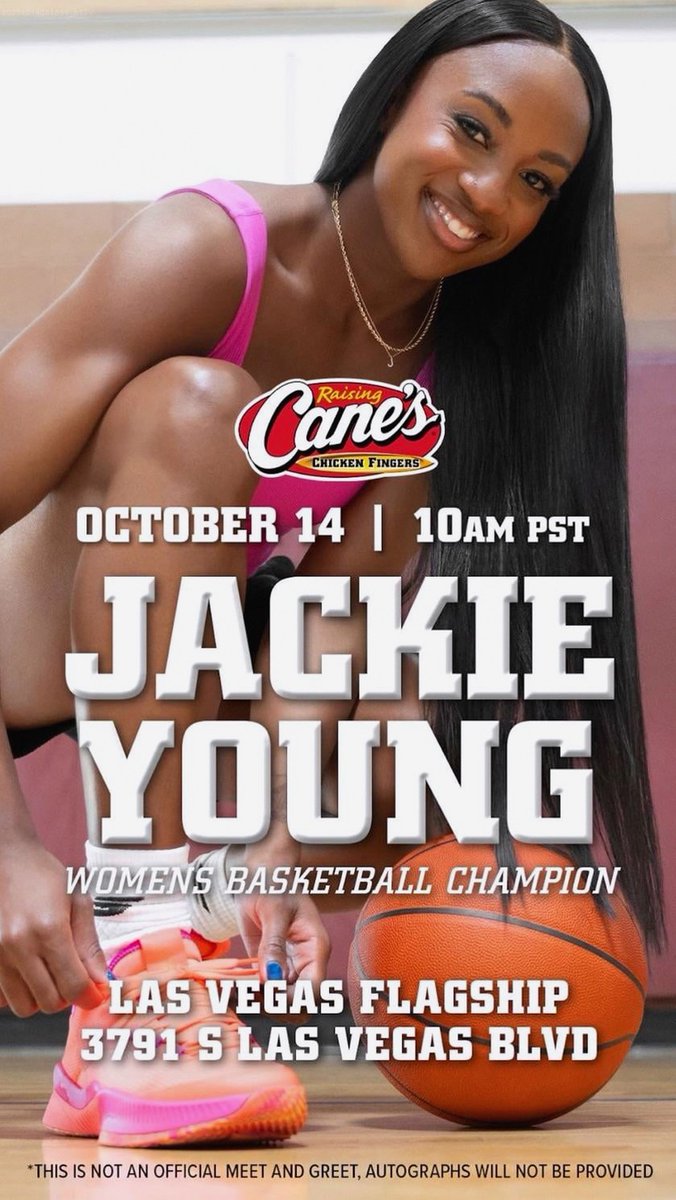 WNBAWire5's tweet image. Vegas folks: join Jackie Young as she pops up for a celebratory shift at Raising Cane’s on Oct 14, 10am PST! 📍 3791 S Las Vegas Blvd. 🗓️ Come say hi and celebrate!