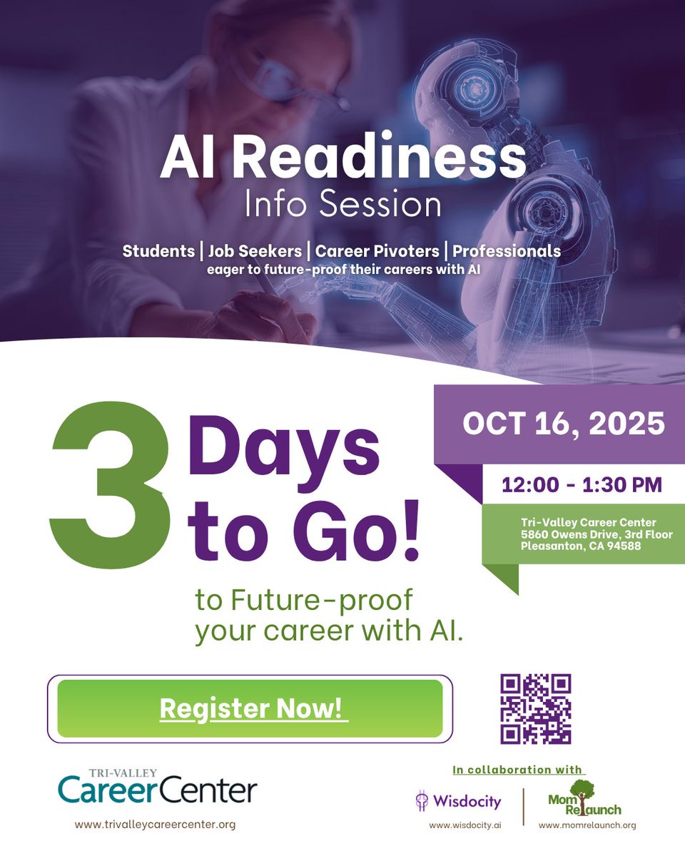momrelaunch's tweet photo. 3 days to Go!

Register Now! - https://t.co/eCY1190xu2 Hosted by Tri-Valley Career Center in collaboration with Wisdocity &amp; Mom Relaunch, the AI Training Partners. Special thanks to Paula Patel and Amit Zavery for having ServiceNow support this initiative! https://t.co/a7FaKRoIcv
