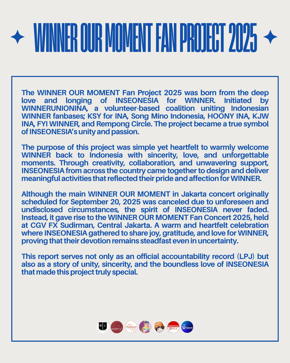 ✨ WINNER OUR MOMENT Fan Project 2025 Report ✨

Every effort, every plan, every heartfelt contribution — all made with love #WINNER #위너 💙

Thank you to everyone who contributed, supported, and believed in this journey.
Together, we turned challenges into purpose — and moments