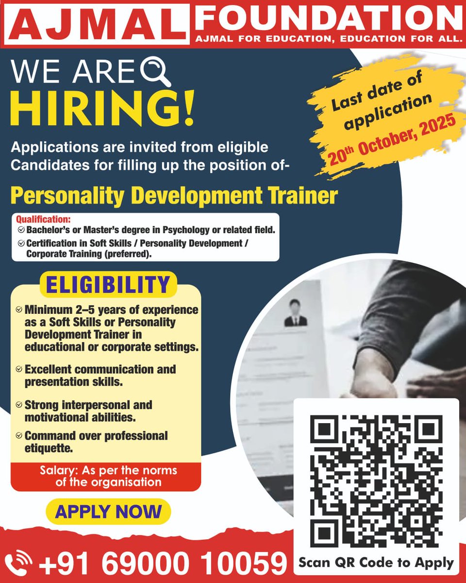 FoundationAjmal's tweet image. #WE_ARE_HIRING!
#personality #developmentTrainer
#jobs
#jobopportunity
#JobAlert
#jobseekers
#jobsearch
#AjmalFoundation